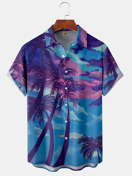 

Coconut Tree Chest Pocket Short Sleeve Hawaiian Shirt, Purple, Men Shirts