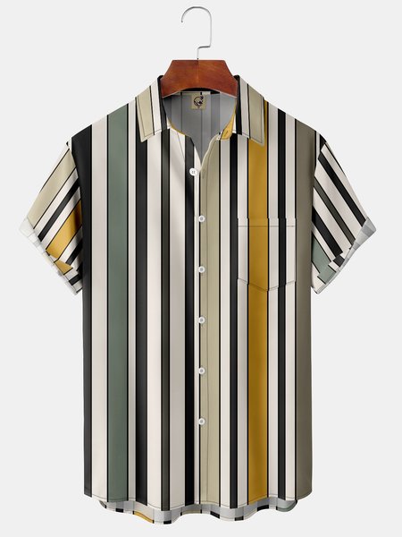 

Stripe Chest Pocket Short Sleeve Casual Shirt, Yellow, Men Shirts