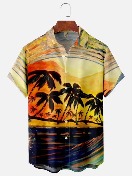 

Coconut Tree Chest Pocket Short Sleeve Hawaiian Shirt, Yellow, Men Shirts