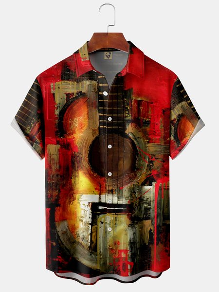 

Music Guitar Chest Pocket Short Sleeve Casual Shirt, Red, Men Shirts