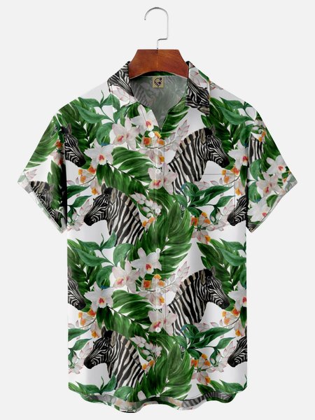

Leaf Zebra Chest Pocket Short Sleeve Hawaiian Shirt, White, Men Shirts