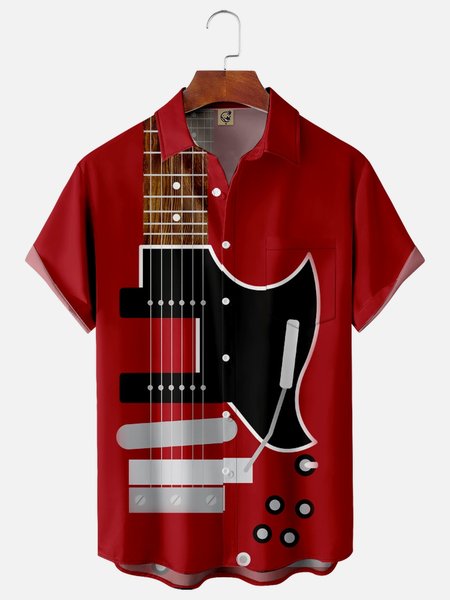 

Music Guitar Chest Pocket Short Sleeve Casual Shirt, Red, Men Shirts