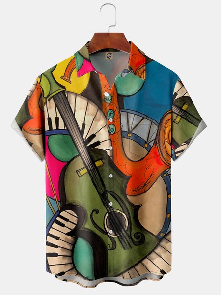

Music Guitar Chest Pocket Short Sleeve Casual Shirt, Green, Men Shirts
