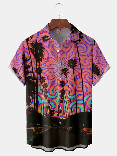 

Hippie Coconut Tree Chest Pocket Short Sleeve Hawaiian Shirt, Red, Short Sleeve Shirts