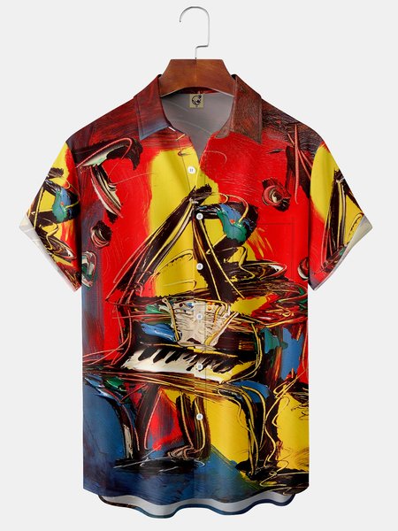 

Music Piano Chest Pocket Short Sleeve Casual Shirt, Red, Men Shirts