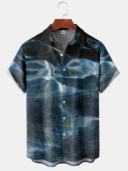 

Water Wave Chest Pocket Short Sleeve Casual Shirt, Blue, Men Shirts
