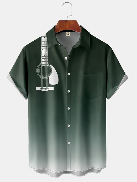 

Music Guitar Chest Pocket Short Sleeve Casual Shirt, Green, Men Shirts