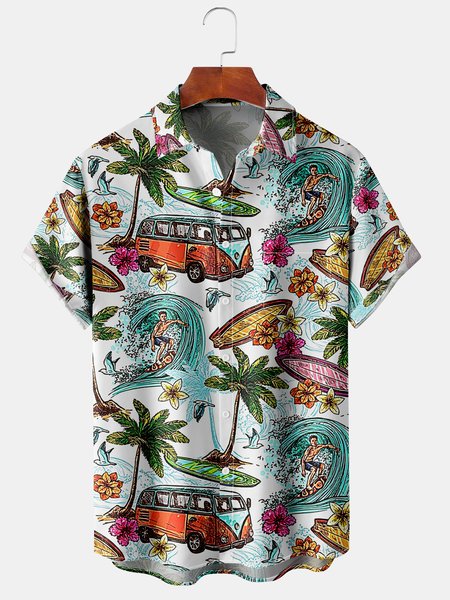 

Coconut Tree Chest Pocket Short Sleeve Hawaiian Shirt, White, Men Shirts