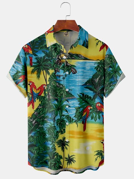 

Coconut Tree Chest Pocket Short Sleeve Hawaiian Shirt, Green, Men Shirts