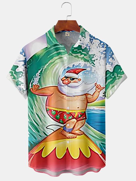 

Christmas Santa Chest Pocket Short Sleeve Casual Shirt, Green, Men Shirts