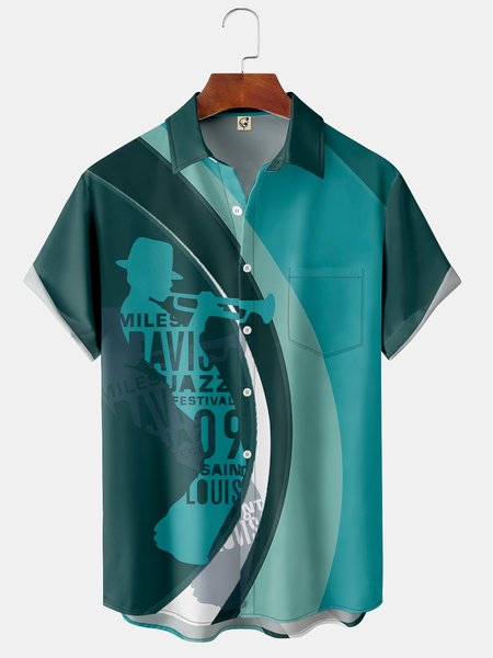 

Music Chest Pocket Short Sleeve Casual Shirt, Green, Men Shirts