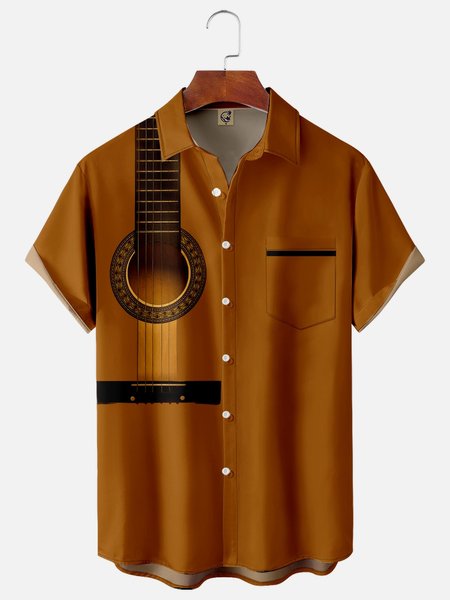 

Music Guitar Chest Pocket Short Sleeve Casual Shirt, Orange, Men Shirts