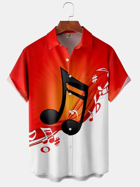

Music Note Chest Pocket Short Sleeve Casual Shirt, Red, Men Shirts
