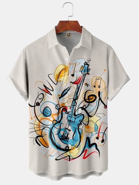 

Music Guitar Chest Pocket Short Sleeve Casual Shirt, Khaki, Men Shirts