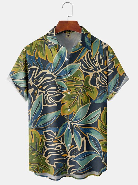 

Leaves Chest Pocket Short Sleeve Hawaiian Shirt, Green, Men Shirts
