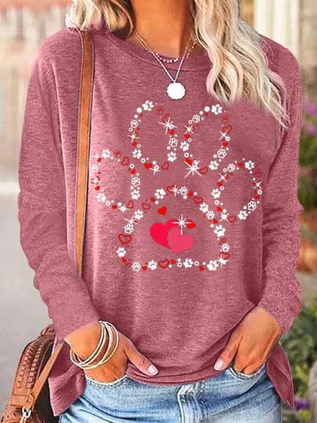 

Women's Paw Cat Print Crew Neck Casual Top, Rose red, Long sleeves