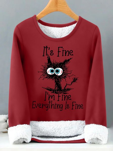 Women's Funny I'm Fine Casual Crew Neck Sweatshirt, Red, Hoodies&Sweatshirts