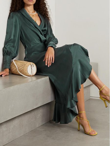 

V Neck Regular Fit Elegant Spring Party Dress, Green, Maxi Dresses