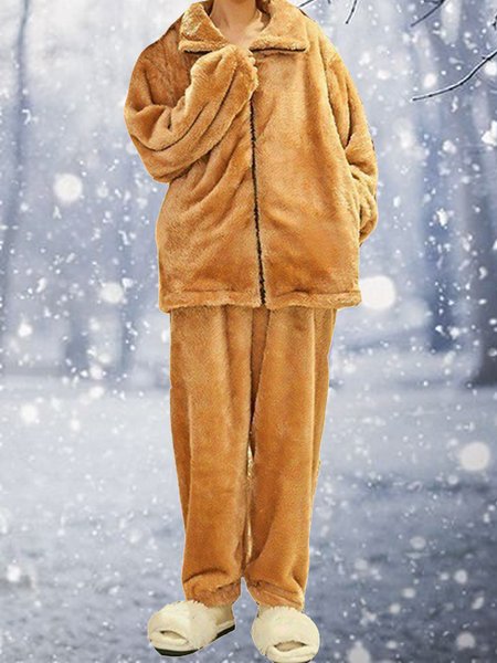 

Coral Fleece Warm Zipper Jacket Long Homewear Suit Plus Size, Khaki, Loungewear & Sleepwear