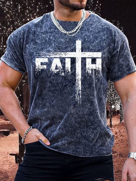 

Men's Religion Faith Bleach Print Text Letters Crew Neck Loose Casual T-Shirt, Dark blue, T-shirts