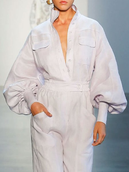 

Shirt Collar Loose Elegant Lantern Sleeve Plain Blouse, White, Blouses and Shirts