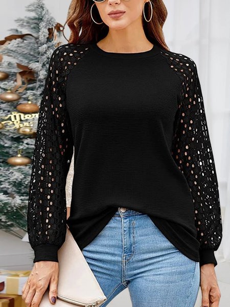 

Crew Neck Casual Plain Loose Top, Black, Tops