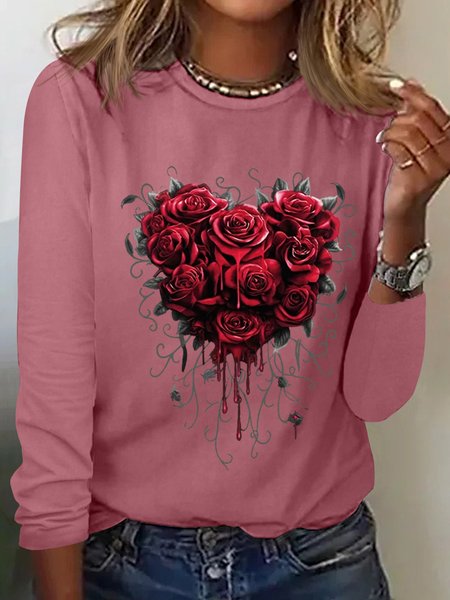 

Women's Heart Rose Simple Cotton-Blend Long Sleeve Top, Pink, Long sleeves