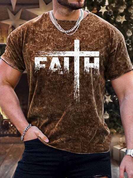 

Men's Religion Faith Bleach Print Text Letters Crew Neck Loose Casual T-Shirt, Brown, T-shirts