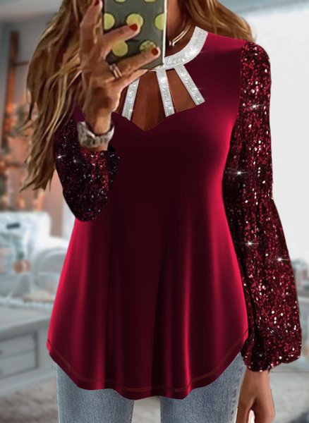 

Glitter Urban Regular Fit Lantern Sleeve Plain Top, Red, Tops