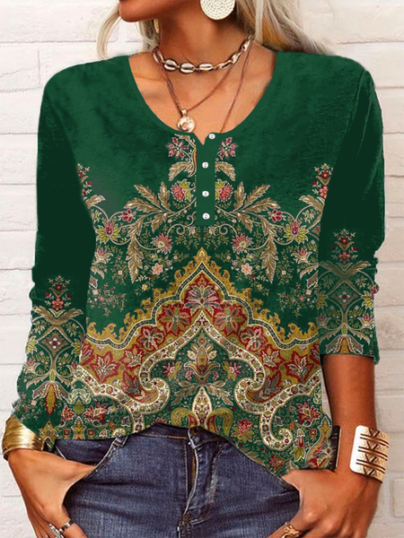 

Crew Neck Ethnic T-Shirt, Green, Long sleeves