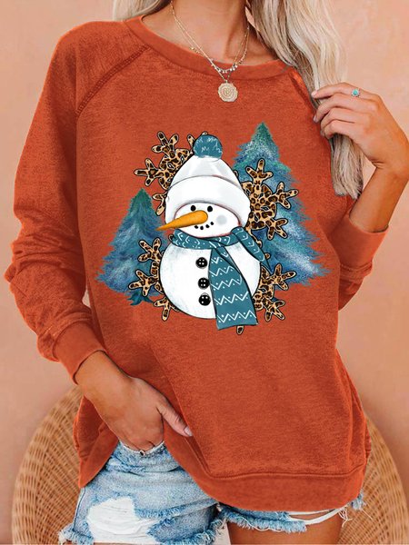 

Women's Christmas Snowman Funny Graphic Print Casual Crew Neck Loose Sweatshirt, Orange, Hoodies&Sweatshirts