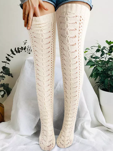 Plain Casual Over the Knee Socks, Beige, Socks