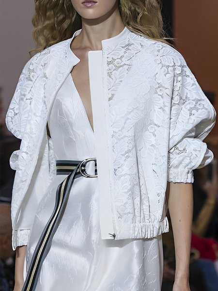

Stand Collar Urban Plain Lace Jacket, White, Jackets