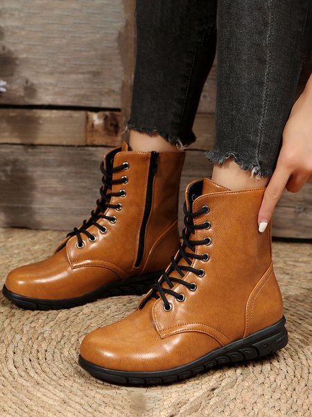 

Plus Size Comfy Lace-Up Decor Boots with Side Zip, Light brown, Boots