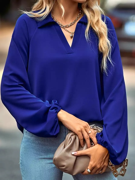 

Loose Casual Plain V Neck Top, Blue, Tops