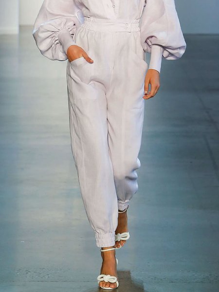 Plain Elegant Pockets Fashion Pants, White, Pants