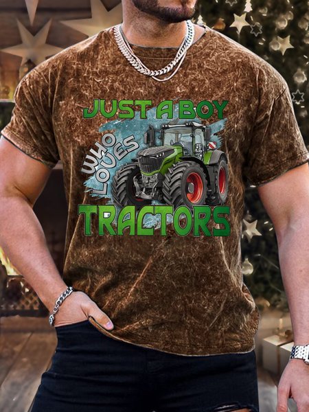

Men's Just A Boy Who Loves Tractors Funny Bleach Print Crew Neck Casual T-Shirt, Brown, T-shirts