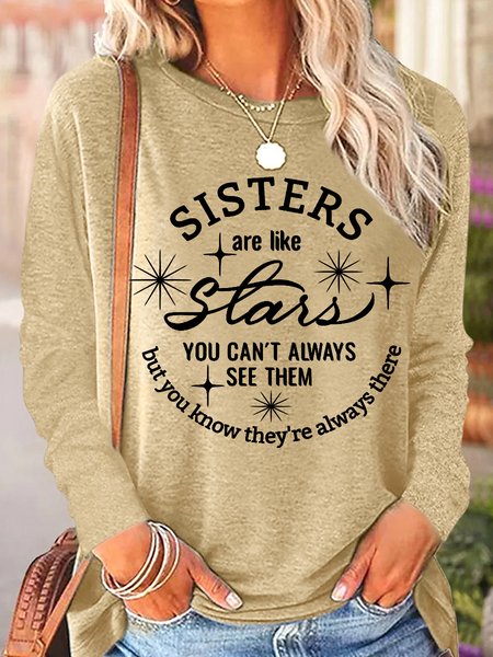 

Women's Funny Word Sisters Are Like Stars Regular Fit Cotton-Blend Simple Long Sleeve Top, Khaki, Long sleeves
