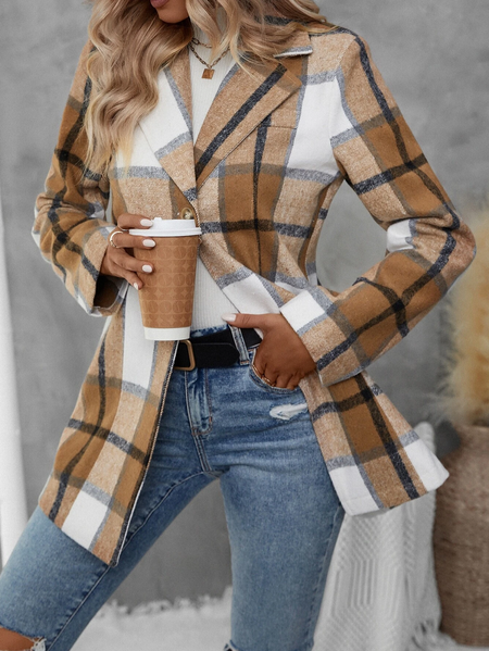 

Casual Plaid Print Lapel Neck Overcoat, Khaki, Blazers