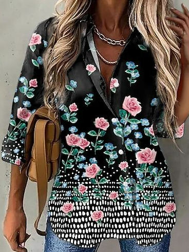 

Floral Casual Shirt Collar Blouse, Black, Shirts & Blouses