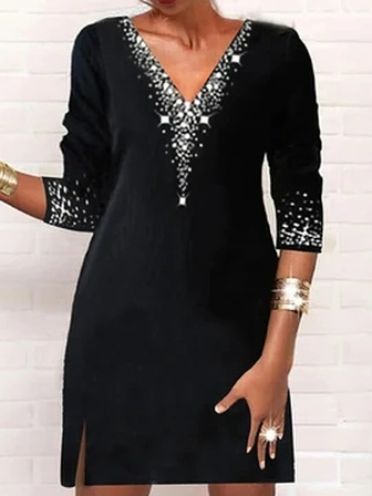 

V Neck Loose Casual Geometric Dress, Black, Mini Dresses