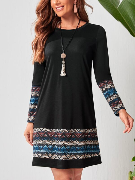 

Boho Crew Neck Ethnic Loose Dress, Black, Dresses