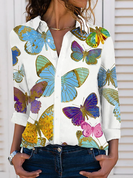 

Shirt Collar Casual Butterfly Blouse, White, Shirts & Blouses