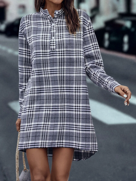 Shirt Collar Plaid Casual Dress, Gray, Dresses