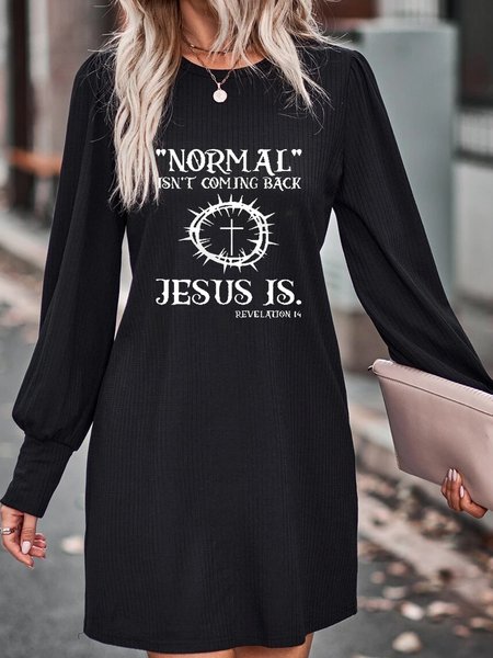 

Text Letters Crew Neck Casual Dress, Black, Dresses