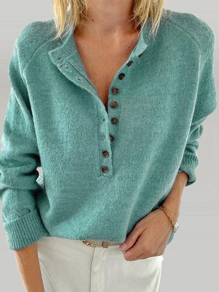 

Crew Neck Casual Loose Buttoned Sweater, Blue, Sweaters