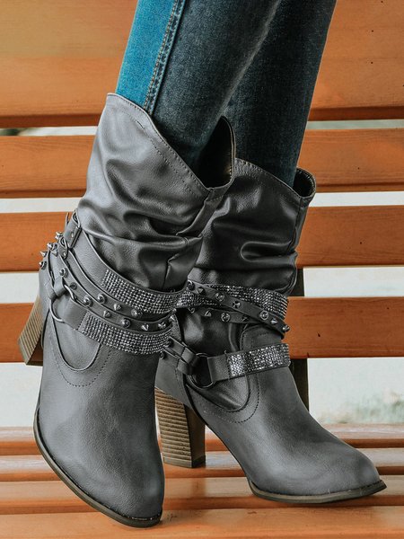 

Plus Size Rhinestone Rivets Chunky Heel Slouchy Boots with Buckle Strap, Gray, Boots