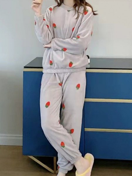 

Strawberry Print Long Sleeve Pants Casual Loungewear Two Piece Plus Size, Gray, Loungewear & Sleepwear