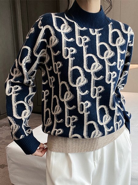 

Elegant Regular Fit Half Turtleneck Text Letters Sweater, Deep blue, Pullovers