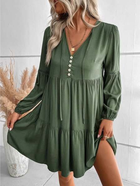 

Cotton And Linen Plain Boho V Neck Dress, Green, Dresses